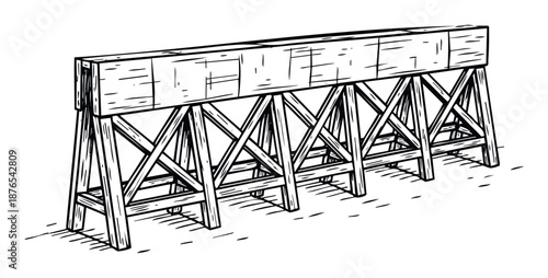 Detailed handdrawn sketch of a sturdy wooden construction barrier or trestle, serving as a temporary support structure for building or road work projects.
