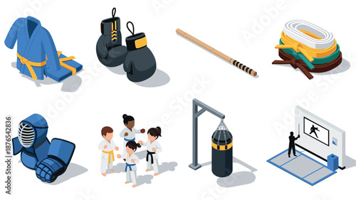 Isometric martial arts equipment and training elements collection
