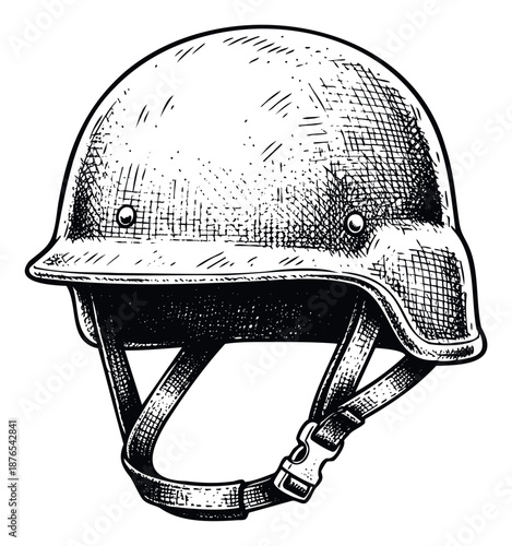 A classic military combat helmet with chin strap and buckle depicted in a detailed black and white etching style, suitable for historical, wartime, or protective gear related projects