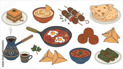 Turkish Cuisine Set – Traditional Foods Baklava, Kebab, Dolma, Hummus & Flatbread.