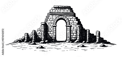 A hand drawn sketch of an ancient stone archway in ruins evokes a sense of history and forgotten civilizations perfect for heritage publications and historical presentations