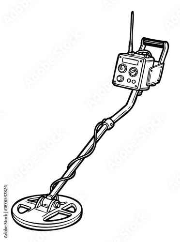 A detailed line drawing of a modern metal detector with a search coil, control box, and adjustable shaft, ideal for hobby, outdoor activity, and treasure hunting advertisements.