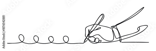 Continuous single line drawing of a human hand holding a pen and writing a looping stroke, perfect for symbolizing expression, communication, or signature in professional and educational
