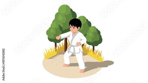 Young karate practitioner in nature with trees and grass