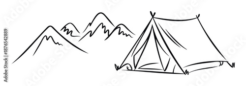 Minimalist black and white line drawing depicting a camping tent against a backdrop of stylized mountains, ideal for use in outdoor adventure promotions, travel industry assets,