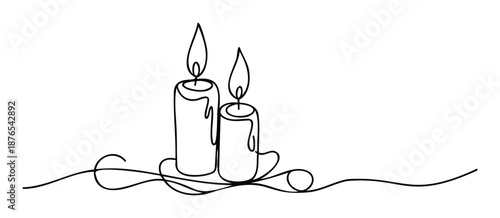 Elegant continuous line drawing of two lit candles with a decorative swirl, perfect for spiritual themes, memorial services, holiday greetings, or peaceful graphic assets.
