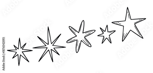 Handdrawn star shapes in various doodle styles and sizes perfect for festive decorations, childrens book illustrations, graphic design projects, or celebratory event signage.