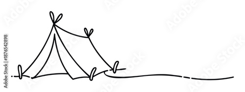 Simple line drawing of an outdoor camping tent with a continuous rope suggesting adventure and journey, perfect for travel promotions or naturethemed branding.