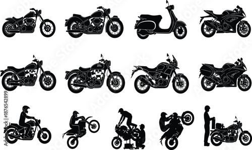 Motorcycle silhouette collection, various bike types, rider poses, motorbike repair, biking lifestyle, black vector illustration, transportation and adventure scene.