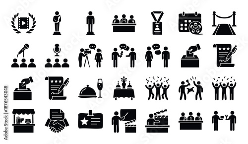 Collection of black glyph icons representing event and award ceremonies, including entertainment, media, and celebration symbols, ideal for business presentations or graphic projects.