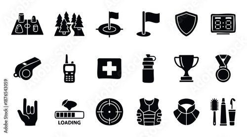 Sporting event and outdoor activity icons pack featuring equipment, achievements, and tactical gear for various competitions and recreational pursuits