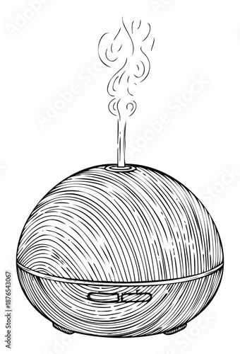 Detailed line art representation of a modern ultrasonic humidifier releasing gentle mist, perfect for health publications, home decor websites, or relaxation themed content.