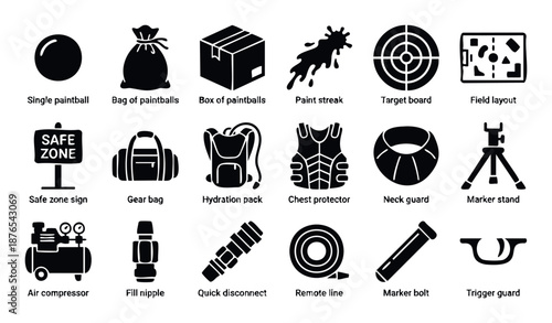 Paintball equipment and game components icons for sporting event guides, recreational activity promotions, outdoor adventure websites, and competitive gaming graphic designs