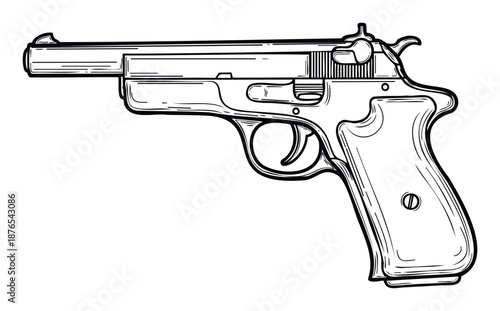 A precisely outlined black and white drawing of a semiautomatic handgun, perfect for projects related to law enforcement, military themes, historical events, security concepts, or graphic