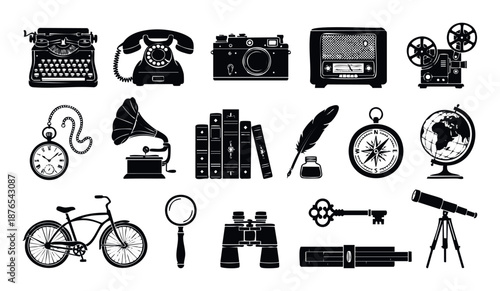 A curated collection of essential vintage black silhouette objects featuring a classic typewriter, rotary telephone, old camera, radio, movie projector, and pocket watch, ideal for