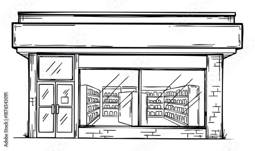 Handdrawn outline illustration of a small grocery store or convenience market facade with a blank sign, ready for branding and graphic overlay in various design applications.