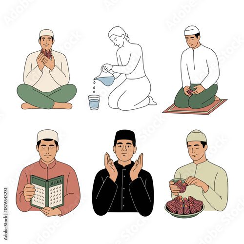 Ritual and Devotion: A collection of illustrations depicting various stages of Islamic religious practices, showcasing the serenity and focus of faith.