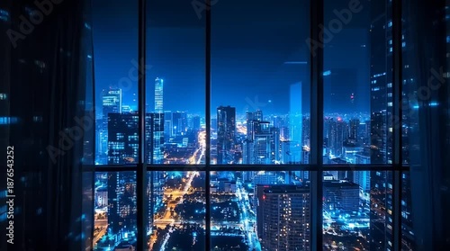 Modern Cityscape at Night Through Office Window View