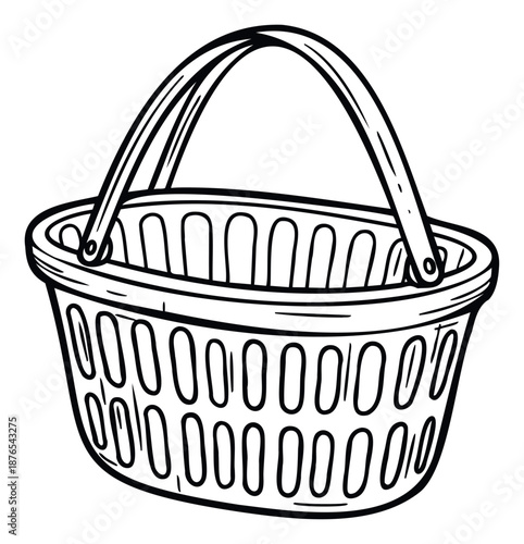 Simple black outline drawing of an empty plastic shopping basket with handles, perfect for retail promotions, grocery store advertisements, or consumer goods marketing materials.