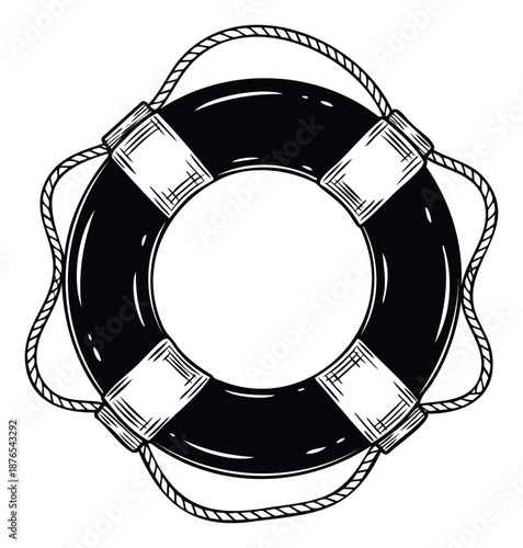 Classic lifebuoy graphic with rope detail symbolizing maritime safety and emergency rescue, ideal for nautical themed publications, water sport advertisements, and security awareness
