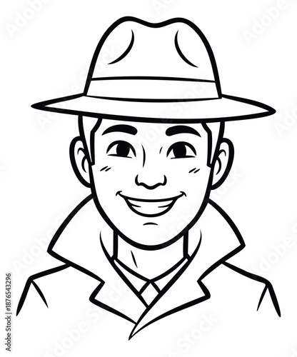 An Asian man portrayed as a friendly detective or secret agent in a fedora hat and trench coat, suitable for mystery game character designs or security business branding