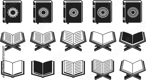 Quran icon set, book silhouette, open pages, ornate cover, black vector, religious symbol, education, worship, illustration, designQuran icon set, book silhouette, open pages, ornate cover