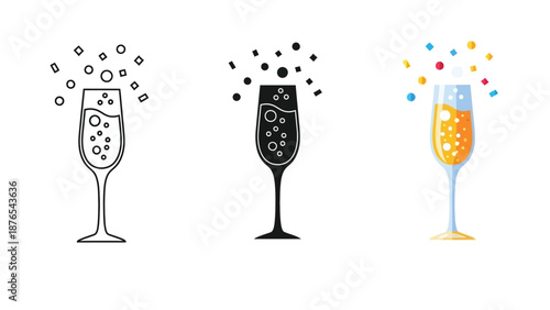 Set of three champagne glasses with bubbles and confetti, outline, silhouette and color vector icons for celebration and party design