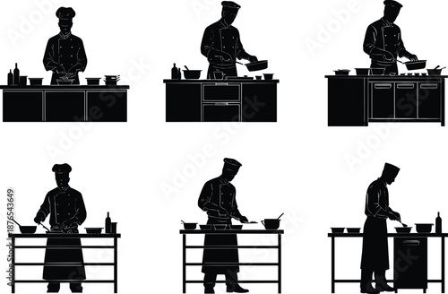 Professional chef silhouettes cooking in kitchen, culinary vector illustration for food design