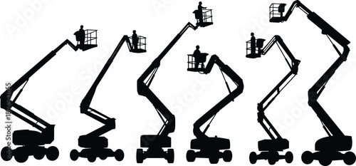 Aerial work platform silhouettes set, boom lift and cherry picker machines with workers, hydraulic construction equipment, industrial access vehicles, black isolated vector icons