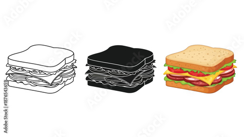Set of three sandwich icons outline, silhouette and realistic color illustration of a club sandwich with ham, cheese, lettuce, and tomato