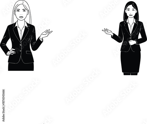 Professional woman illustration, business attire, office desk, corporate pose, workplace diversity, female executive, career concept, confident posture, leadership role, modern
