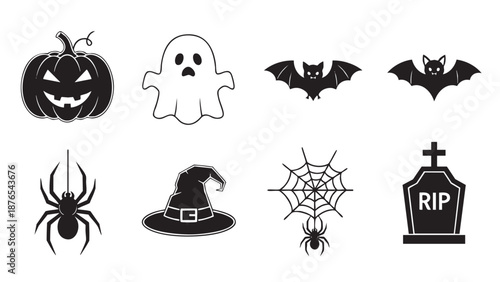 Halloween spooky spooky icons set with pumpkin ghost bat spider and graveyard
