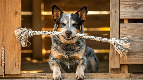Energetic blue heeler puppy tugs playfully on rope outdoors in yard