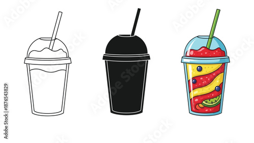 Set of three smoothie or frozen drink cups with straws outline, silhouette and colorful illustration