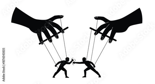 Puppeteer hands manipulating fighting figures with strings, conflict and control concept, power struggle, silhouette art illustration