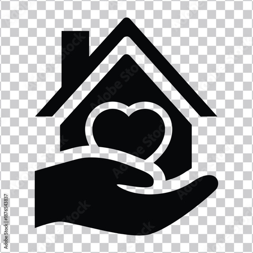 Home Care Icon symbolizing assistance and shelter with a heart inside a hand holding a house