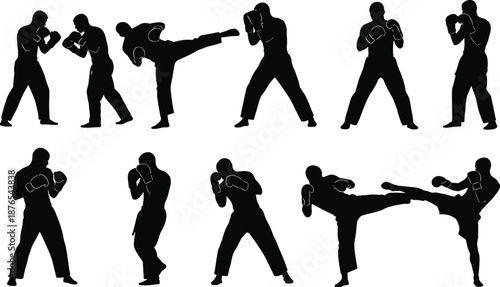 Martial arts silhouette, kickboxing pose, black vector, fighting stance, punch motion, training action, combat icon, discipline, strength, techniqueMartial arts silhouette, kickboxing pose