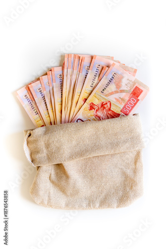 A lot of Russian five-thousand-ruble bills are lying in a canvas bag fanned out on a white background, with bundles of money spilling out of the bag.