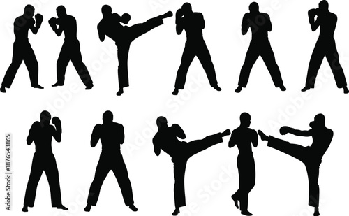 Martial arts silhouette, fighting stance, black vector, kick pose, punch motion, training action, combat icon, discipline, strength, techniqueMartial arts silhouette, fighting stance, black vector