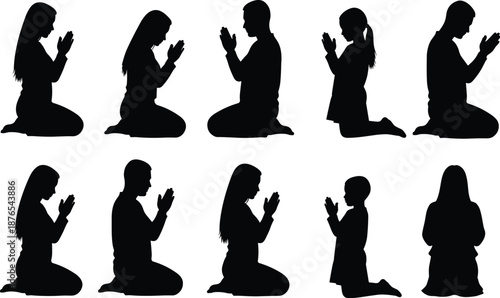 Prayer silhouette, kneeling pose, black vector, spiritual icon, meditation gesture, devotion, worship, faith, reflection, child, adult, profilePrayer silhouette, kneeling pose, black vector