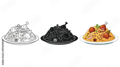 Set of three illustrations of biryani, a mixed rice dish with spices and chicken leg, in line art, solid black silhouette and full color versions