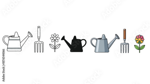 Set of gardening tools icons watering can, hand rake, and flower in various styles outline, solid and color