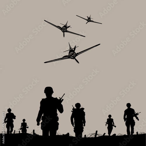 USA military army soldiers with weapon at war. Army soldier or veteran in attack with helicopter. American independence or memorial day vector silhouette background with pride, honor and security icon