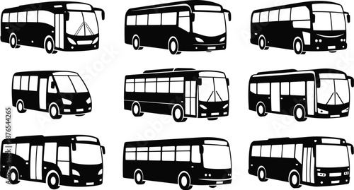 City bus silhouettes collection, public transport vehicles, modern urban buses, passenger transportation icons, black isolated vector illustration set