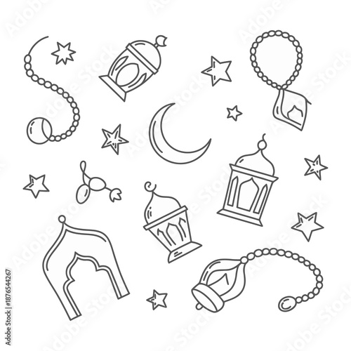 Lunar Embellishments:  A collection of delicate illustrations in a single hue, each depicting traditional lanterns, radiant stars, and a crescent moon, all representing cultural customs.