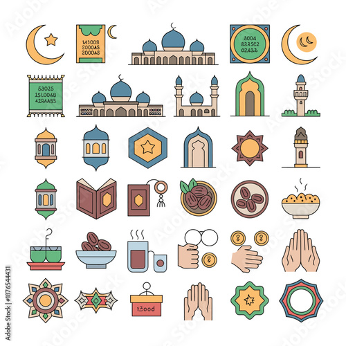 Islamic Icons Collection: A vibrant compilation of symbolic illustrations capturing the essence of Islamic culture, encompassing mosques, crescents, lanterns, and other meaningful elements.