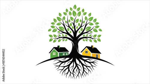 Urban sustainability illustration showing a tree growing between houses. Eco-friendly city, green living, and environmental concept