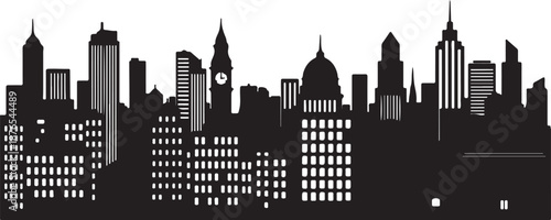 Four black city skyline silhouettes with varied building heights and shapes white background