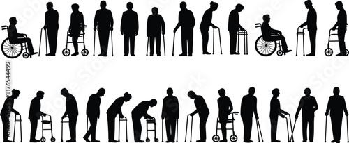 Elderly people silhouettes collection, seniors using walker, cane and wheelchair, aging society concept, healthcare and retirement lifestyle, black isolated human vector set