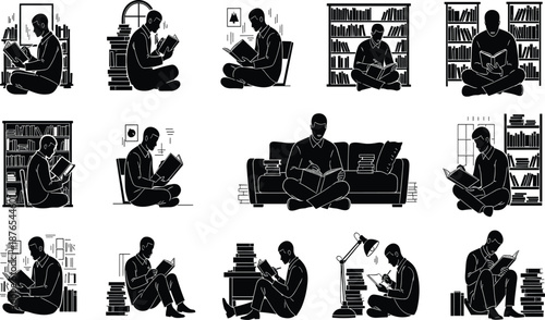 Reading silhouette, cozy interior, book lover, study room, black figure, bookshelf, lamp, sofa, window, quiet moment, vector illustration